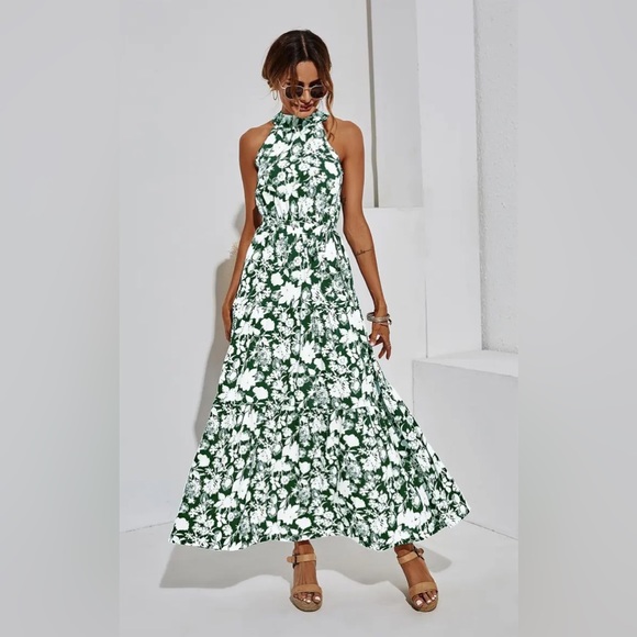 NWT Women's Halter Neck Maxi Layer Dress in Green & Floral Print - Picture 10 of 13